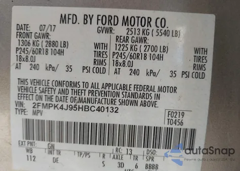 2017 Ford Edge Sel z USA, uszkodzony, nr VIN 2FMPK4J95HBC40132